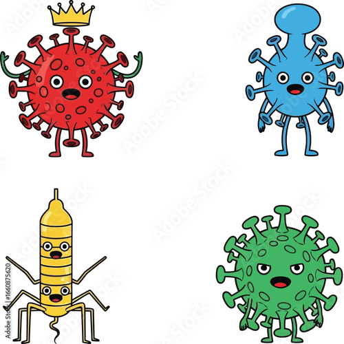 Cartoon illustrations of various virus characters with different colors and expressions, smiling.