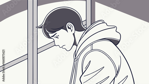 Sad young man leaning on window.