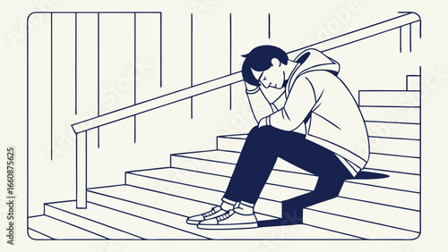 A young man sitting alone on stairs looking sad and depressed.