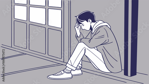 A young man sitting alone feeling sad.