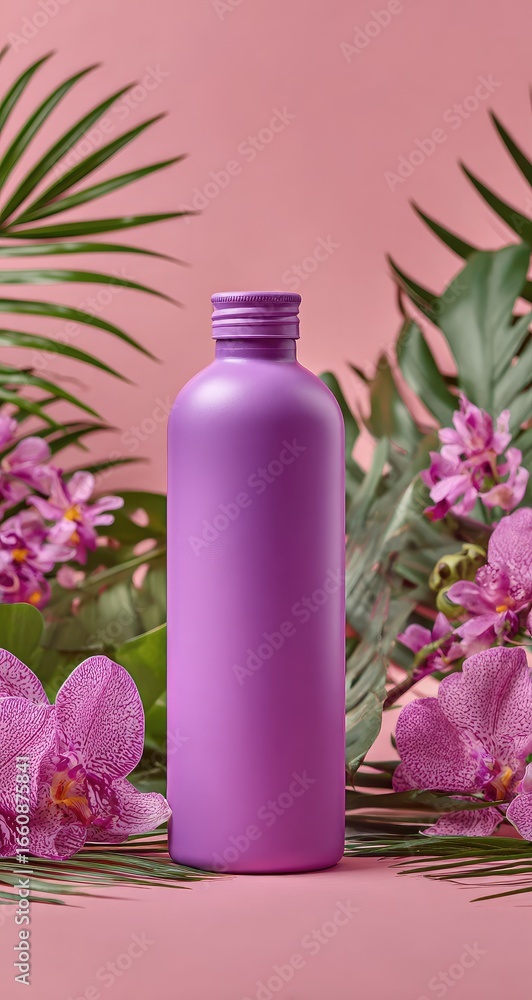 Purple bottle with floral arrangement on pink backdrop Purple bottle with floral arrangement on pink backdrop
