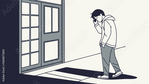 A man stands alone on a sidewalk talking on his phone.