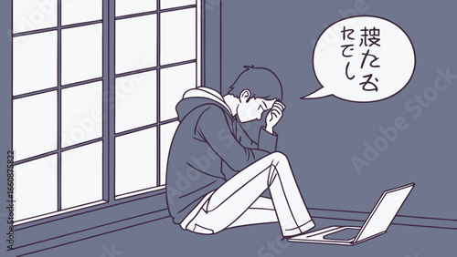 Sad young man sitting by window with laptop.