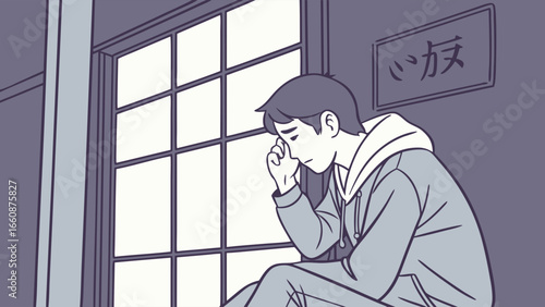 Sad young man sitting by window.
