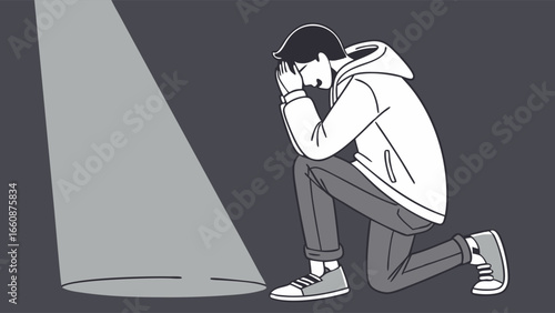 person kneeling in a spotlight feeling anxious.