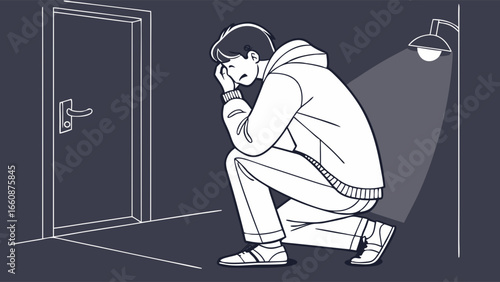 Man crouching by a door with spotlight.