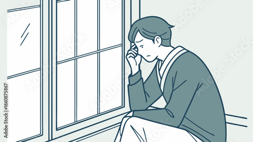 Sad young man sitting by window.