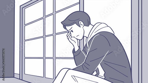 A man sitting by the window looking sad.
