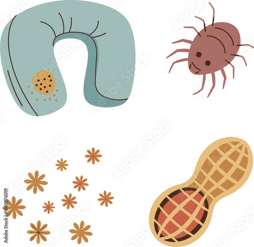 Illustration showing common allergens: a travel pillow, dust mite, pollen, and a peanut.