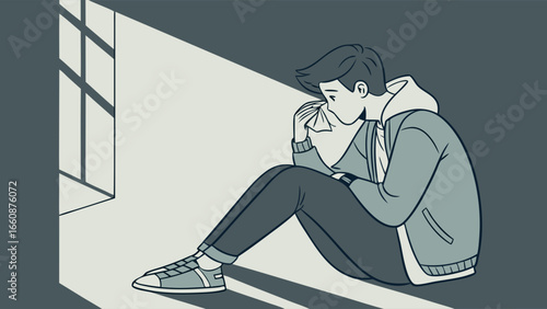 Sad young man sitting alone in darkness.