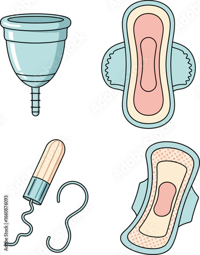 Illustration depicting menstrual hygiene products: a menstrual cup, two sanitary pads, and a tampon.