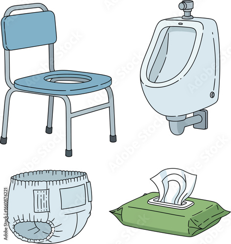 Illustration of a commode chair, urinal, diaper, and pack of wipes, representing personal hygiene and care.