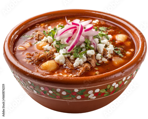 Bowl of pozole rojo garnished with onion and chili, PNG white background