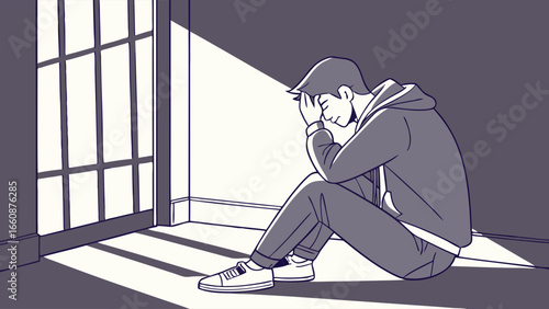 A man sitting alone in a dimly lit room with his head in his hands.