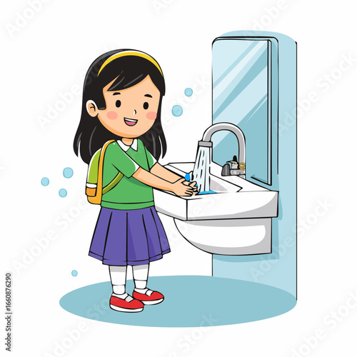 A young girl washing her hands.