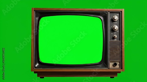 Vintage television with green screen display for chroma key compositing