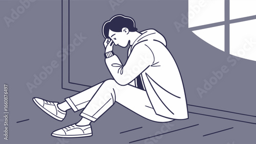 Sad young man sitting alone in a room feeling depressed or anxious.