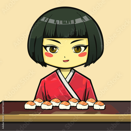 Chromatic cartoon icon blending synesthetic sushi artistry and Tokyo culinary tradition