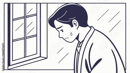 Sad man looking out the window feeling depressed.