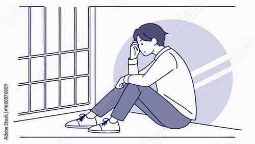 A person sitting by a window looking sad.