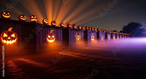 A long wooden fence adorned with glowing jackolanterns and carved wooden panels illuminated at night
