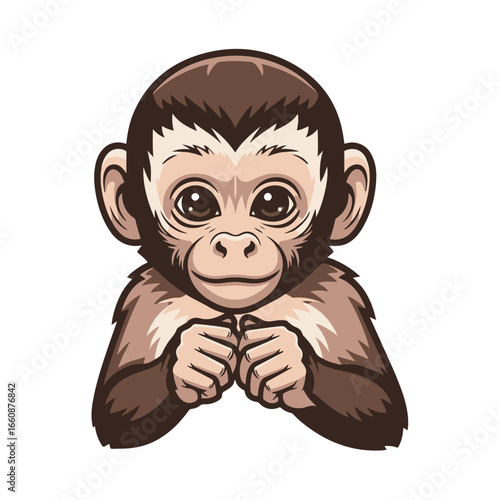 A Capuchin Monkey cute icon sticker design, chibi cartoon style, 2D flat vector icon illustration of an adorable little. Kawaii style, character art, isolated on white background,