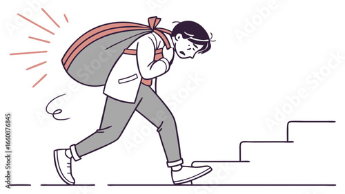 A cartoon man runs up stairs with a large backpack on his back.