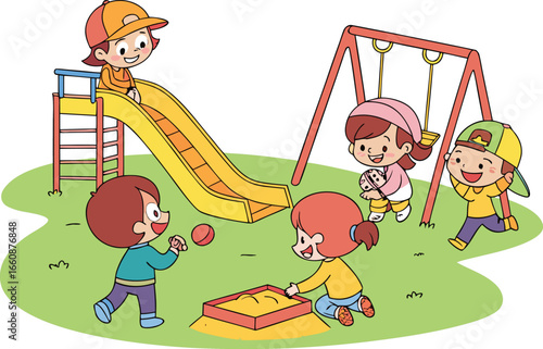 Cute cartoon illustration of happy kids playing at a playground