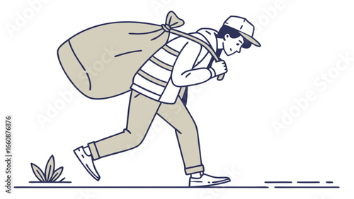 man running with a large bag.