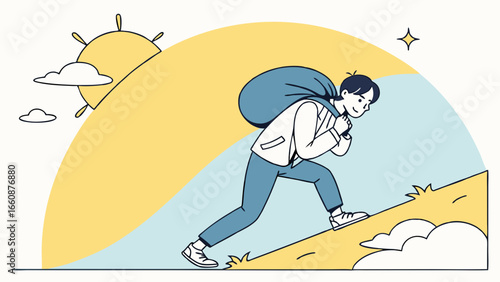 Man hiking up a sunny hill.