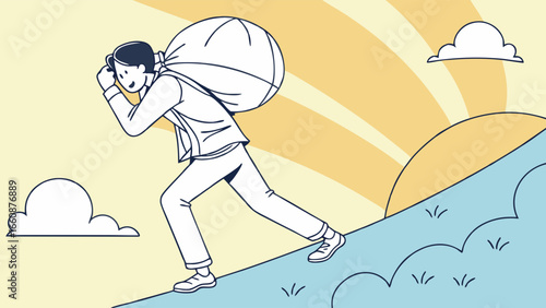 A man climbing a hill with a large bag on his back towards sunrise.