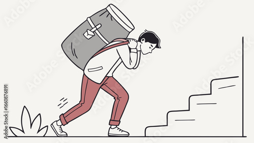 Man carrying heavy bag up stairs.