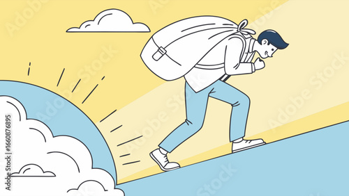 man climbing hill with big backpack.