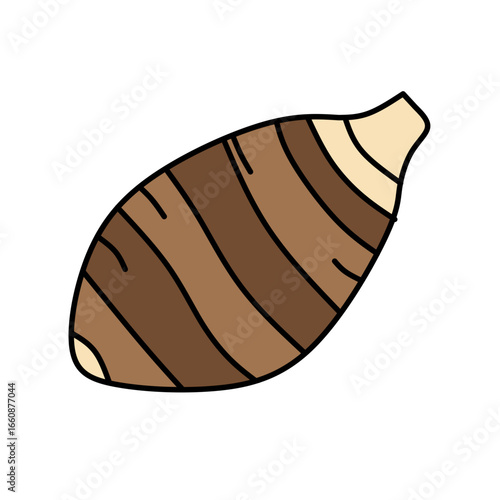 A single taro root dominates the frame, positioned diagonally from the lower left to the upper right. The root is depicted in shades of brown, with alternating light and dark brown stripes curving aro
