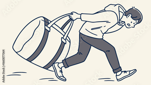 Man struggling to carry heavy luggage.