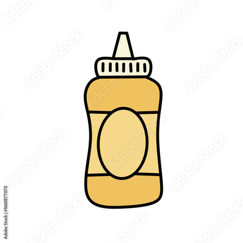 Cartoon-style mustard bottle, yellow with black outline, centered, featuring a blank oval label, ridged cap, against a white background, creating a simple, cheerful illustration.
