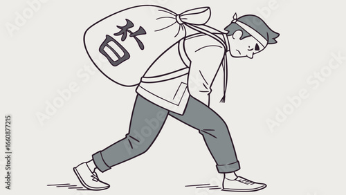Man carrying a large sack on back.