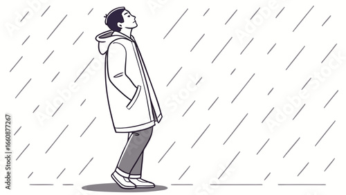 A man standing alone in the rain.