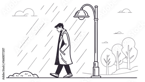 a man walking alone in the rain.