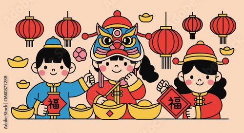 Happy Chinese New Year children's celebration with traditional costumes, lanterns, and gold ingots. Festive illustration.