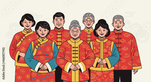 A group of seven Asian family members, dressed in traditional red and gold clothing, stand together smiling against a light background.