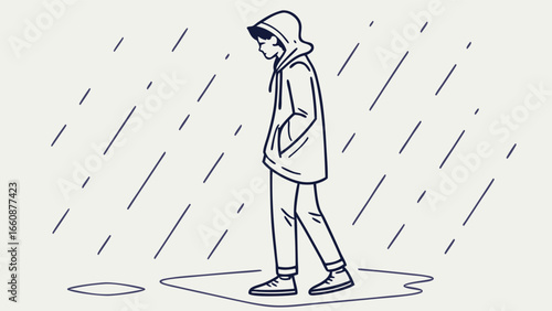 A person walking alone in the rain.