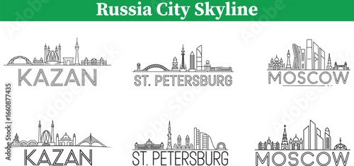 Black and White Russia City Skyline Featuring Kazan St Petersburg and Moscow in a Clean and Minimalist Design