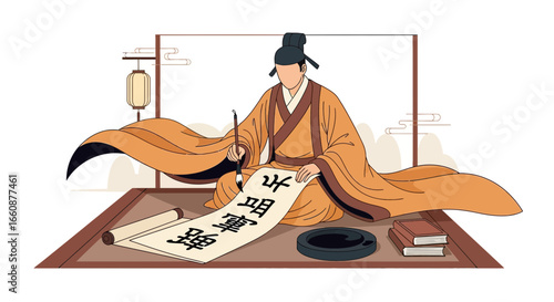 Traditional Chinese Calligraphy Master Writing on Scroll with Ink Brush and Books