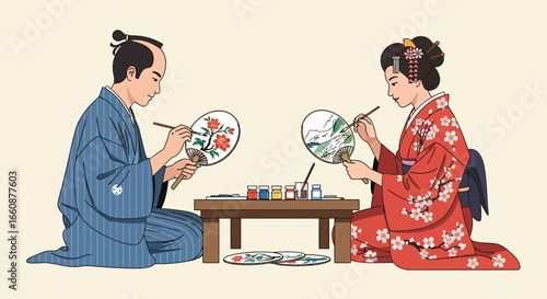 Traditional Japanese artisans painting decorative fans, seated at a table.