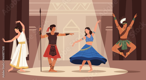 Multicultural Dance Performance on Stage. Diverse Dancers in Traditional and Historical Costumes Under Spotlight.