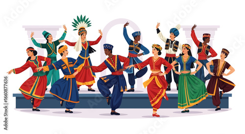 A group of diverse people in colorful traditional costumes perform a coordinated folk dance on a stage with a simple architectural backdrop.