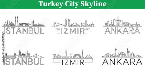 Outlined Cityscapes of Turkey Featuring Skylines of Istanbul, Ankara, and Izmir in Clean, Modern Designs of Popular Travel Destinations