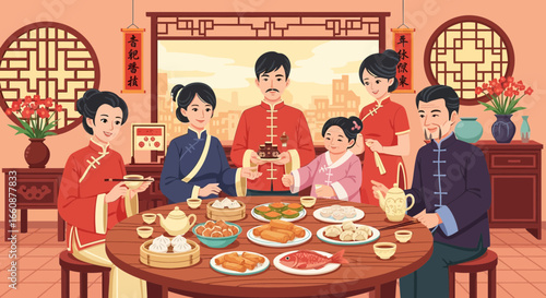 Happy multi-generational Chinese family enjoying a festive traditional dinner during a holiday celebration at home, cultural illustration