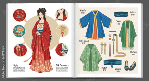 Elegant illustration of a woman in traditional Chinese Hanfu attire, showcasing detailed clothing design and accessories.